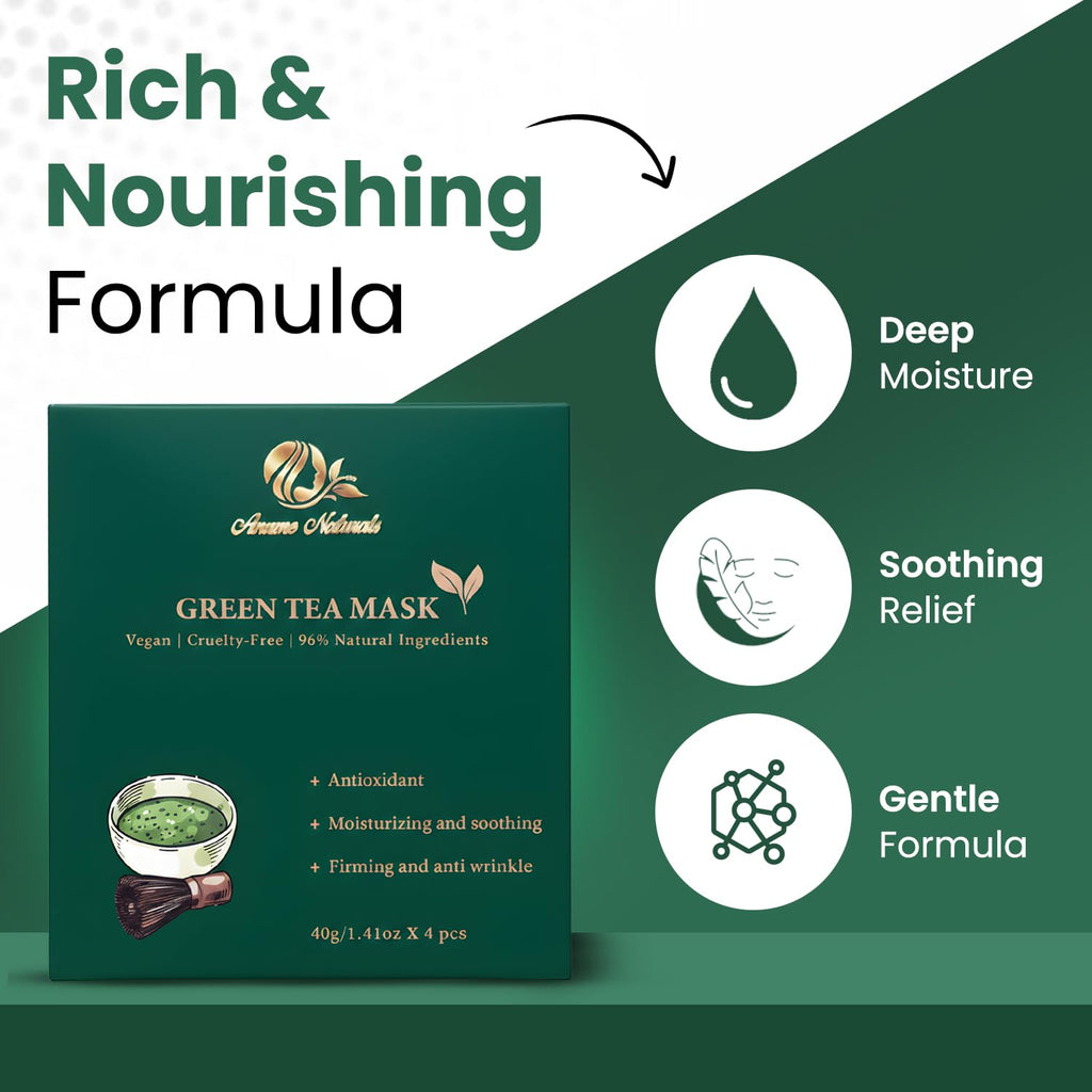 Anume Naturals Green Tea Face Mask – Vegan Facial Mask with Green Tea Extract, Glycerin & Hyaluronic Acid, Moisturizing Face Mask for Skin Care, Cruelty-Free | 4-Count (40g Each)