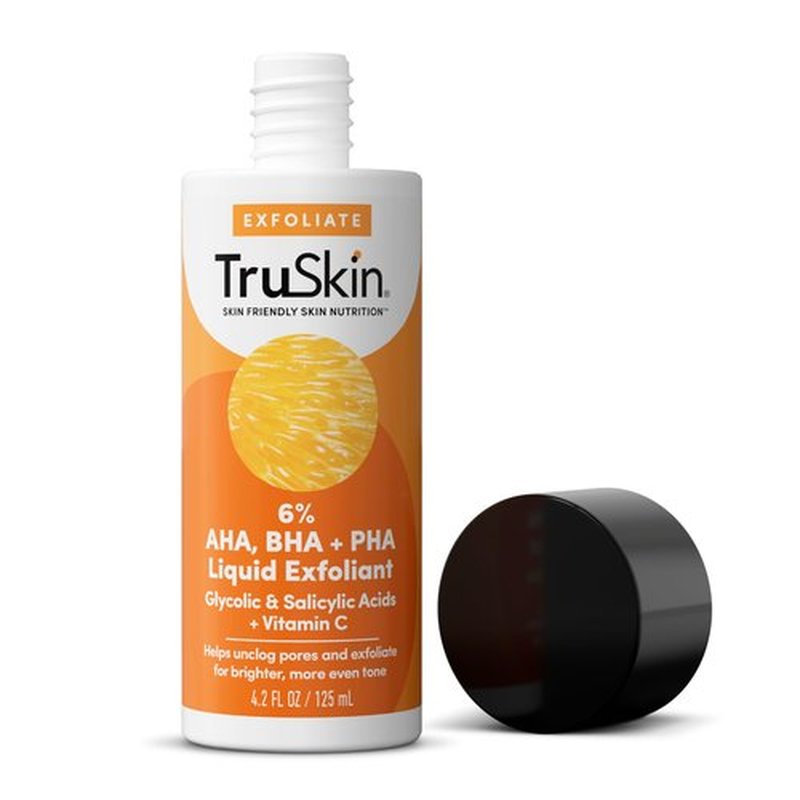 TruSkin BHA Liquid Exfoliant & Toner for Face - Triple Acid AHA BHA PHA Exfoliator with Salicylic, Glycolic Acid & Vitamin C - Improves Look of Tone & Texture, Unclogs Pores, 4.2 fl oz