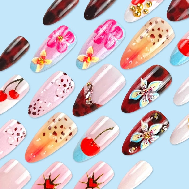 WAFOLOZE Almond Press on Nails Long Fake Nails with 3D Flowers Cherry Designs, Fall/Winter Glue On False Nail Press Ons Acrylic Artificial Stick On Nails for Women 24Pcs