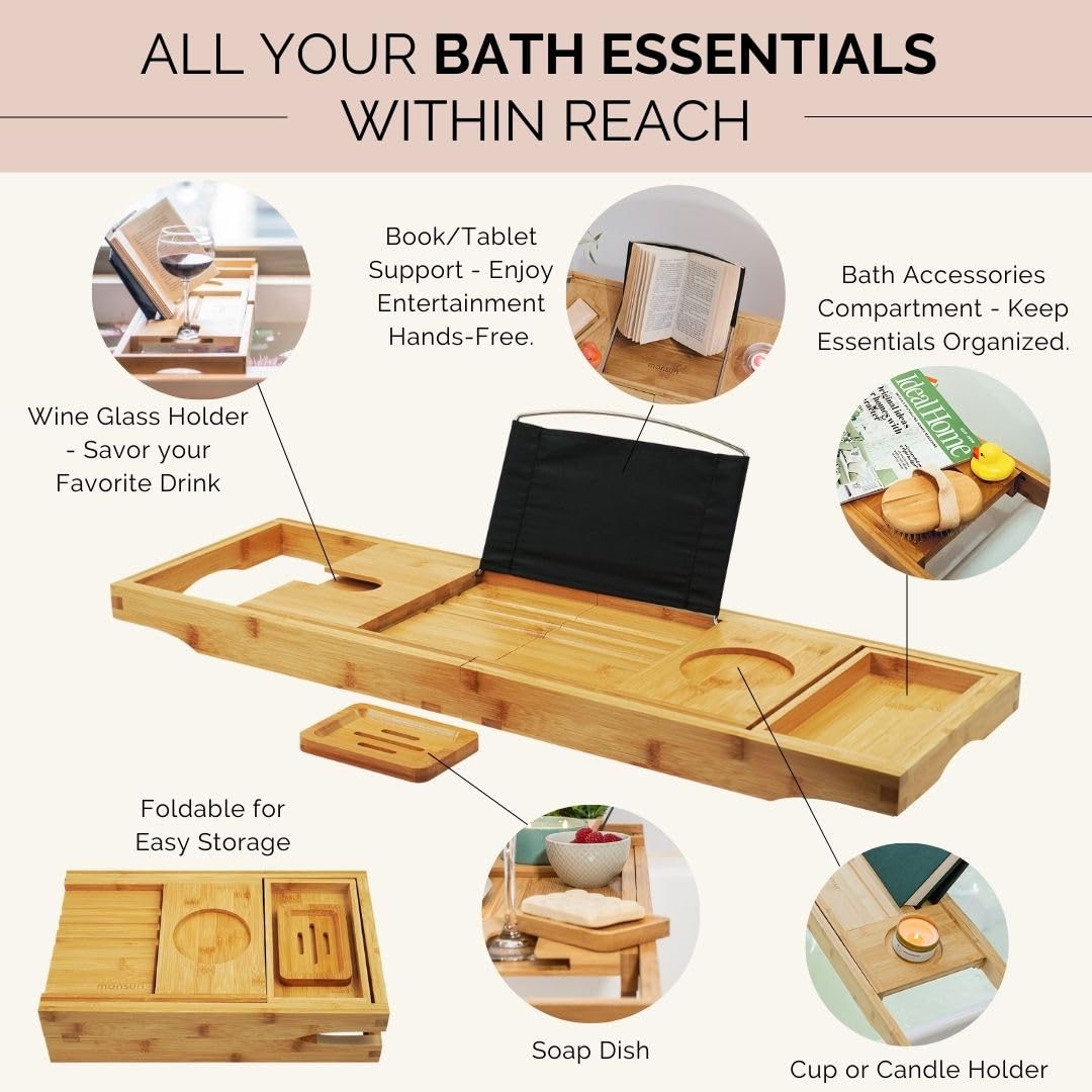 Bamboo Bathtub Tray Caddy Expandable - Over The Tub Bath Caddy Tray for Bathtub Accessories for Relaxing Spa, Bamboo Bath Tray for Tub Accessories for Bathtub for Women. Bath Spa Gifts for Women.
