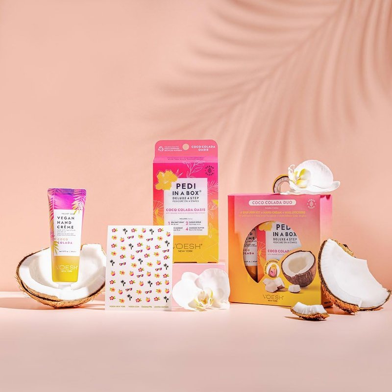 VOESH Coco Colada Duo- Pedi In A Box 4 Step, Vegan Crème Lotion, Nail Stickers,4 Step Pedi, At Home Pedicure Treatment, Pedicure Kit, Vegan Beauty