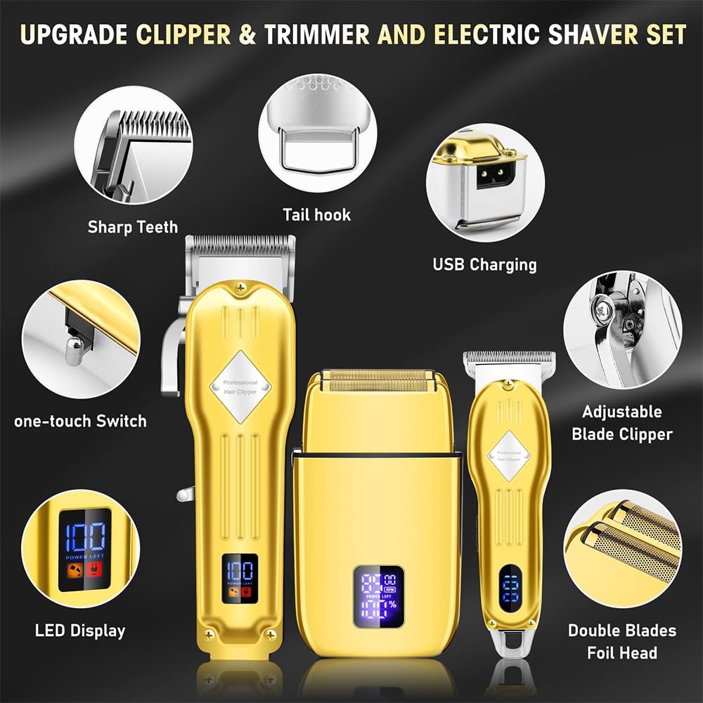 Roziapro Hair Clippers for Men Zero Gapped T-Blade Trimmer Rechargeable Foil Shavers Professional Hair Cutting Kit (Gold)