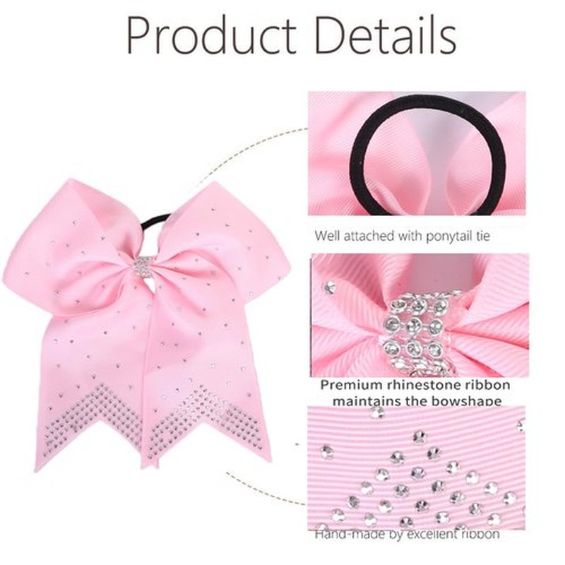 Hipcheer 12PCS 8" Rhinestones Large Cheer Hair Bows for Girls, Hand-made Grosgrain Ribbon Hair Accessories for Teen Girls Softball Cheerleader Sport (Light Pink)