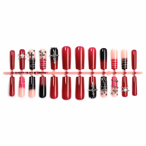 MISUD Press on Nails - Long Square Glue on Nails with Goth Red Black, Acrylic Gothic Y2K Cross Design 24 pcs