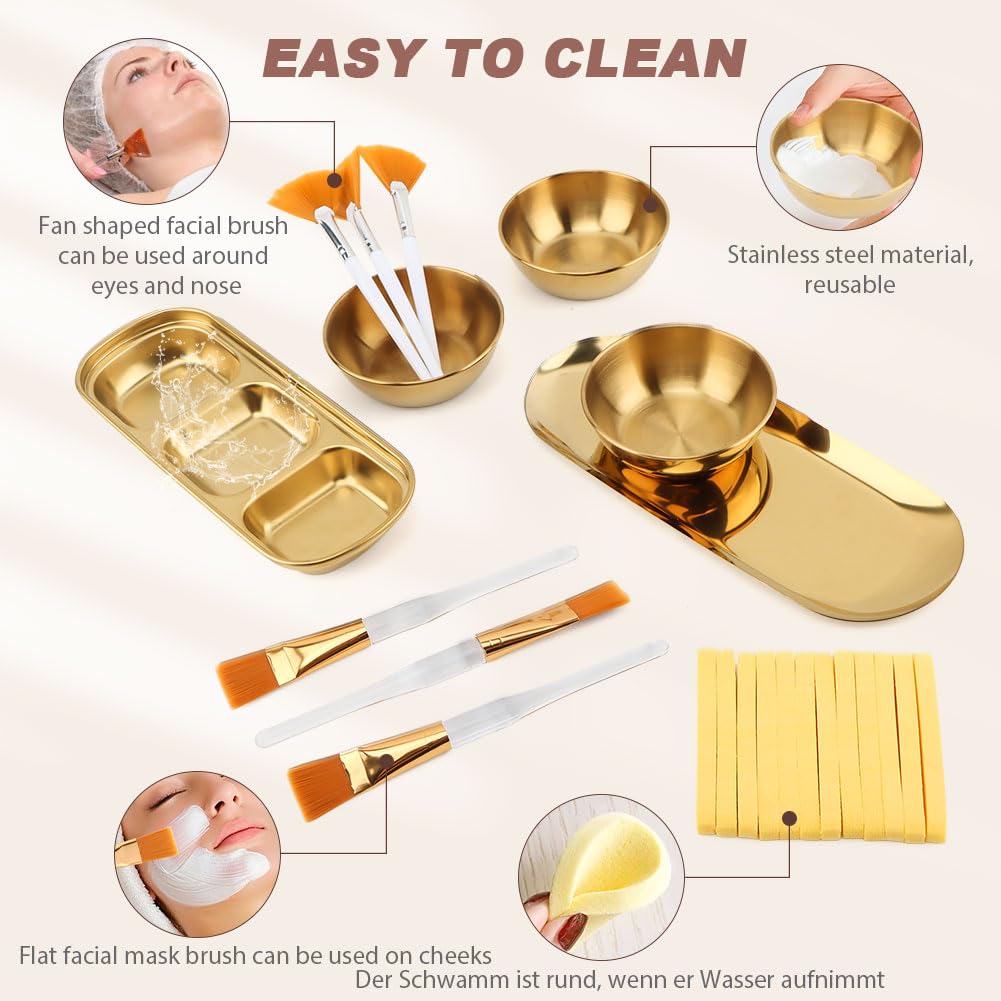 23Pcs Esthetician Supplies for Facials Set, 3 Gold Mixing Bowls Serving Tray 3 Compartment Serving Tray 3 Facial Fan Brushes 3 Flat Brushes, 12 Facial Sponge Compressed Round