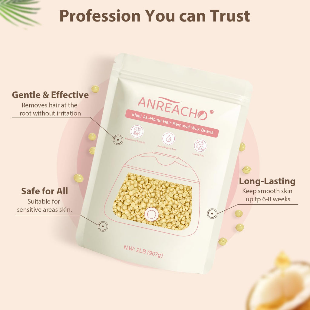 Anreacho Hard Wax Beads for Hair Removal, 2lb Waxing Beans for Coarse Hair, Home Wax Refill Bag for Brazilian, Bikini, Face, Underarms with 10 Wax Spatulas