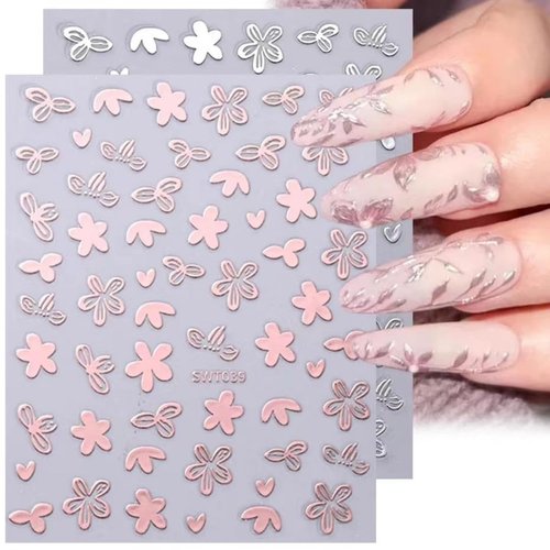 8 Sheets Flower Leaf Nail Stickers - 3D Self-Adhesive Metal Flower Nail Decals in Gold, Silver & Rose Gold - Floral Nail Designs with Retro Petal Leaves - Perfect for Women's Manicure Decoration