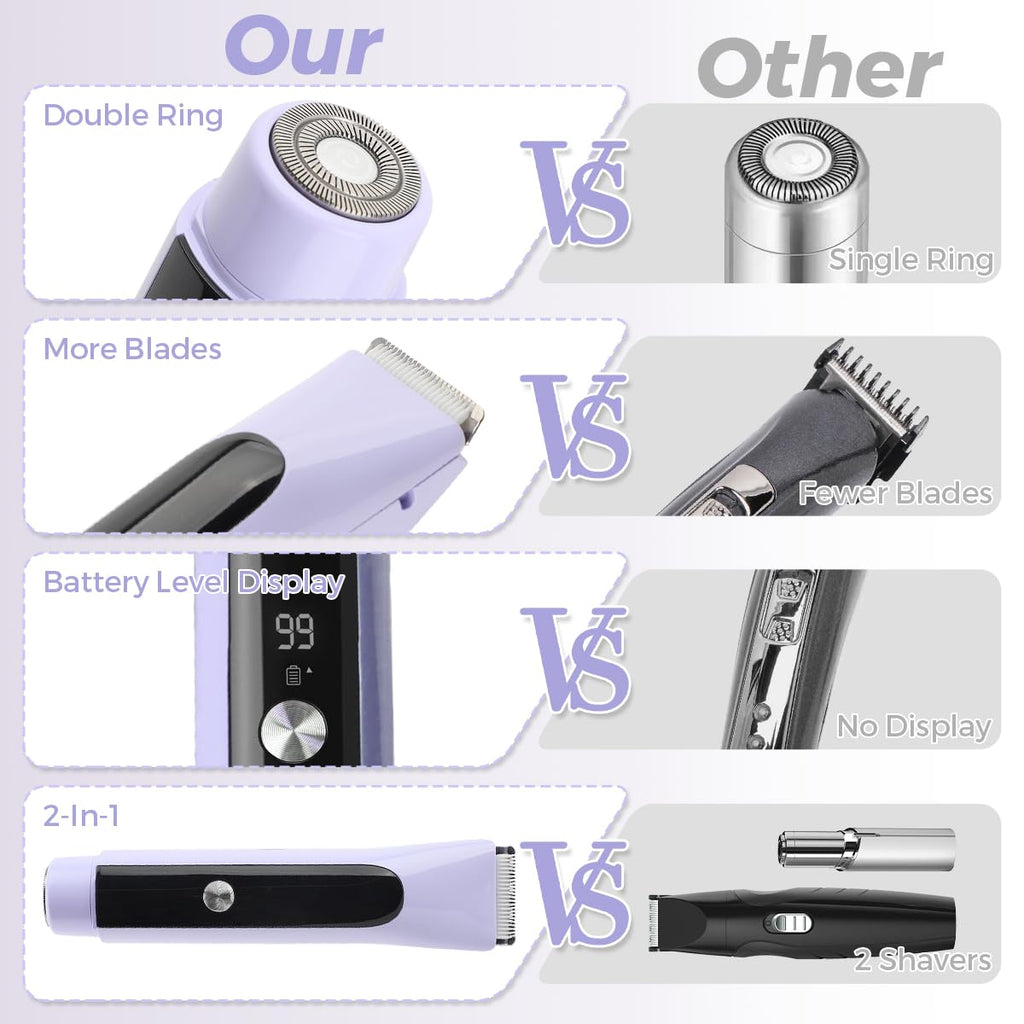 Msiud Electric Shaver for Women, 2 in 1 Bikini Trimmer Waterproof Rechargeable Facial Hair Remover with Ceramic Blades Dual Head, Pubic Hair Trimmer Body Grooming Travel Design for Shower Use