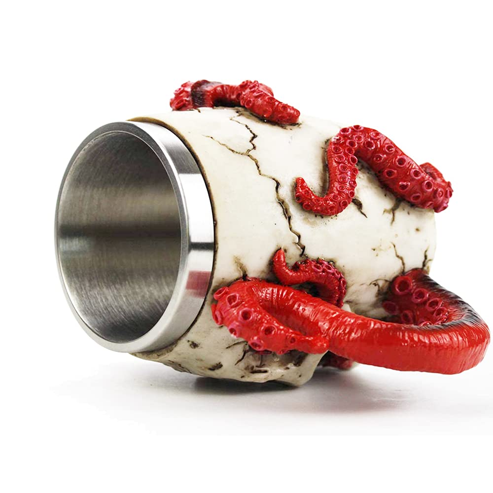 PROVIVID Skull Coffee Mugs with Handle Stainless Steel 3D Skull Beer Mug Realistic Resin Octopus Tentacle Beverage Drinking Cup Drinkware Mug Unique Gift for Men - 13oz