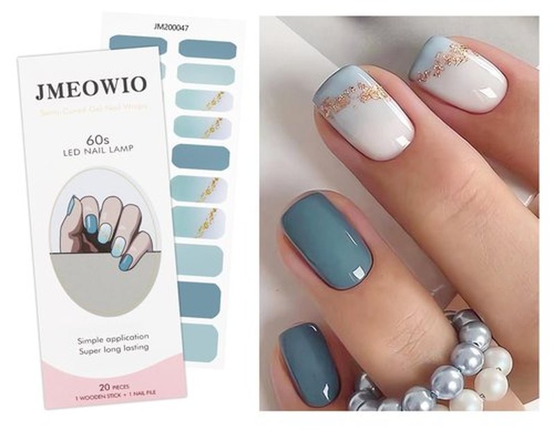 JMEOWIO Gel Nail Stickers Gold Glitter Gradient Blue Semi Cured Gel Nail Strips Wraps UV/LED Nails Art Design Decoration Accessories