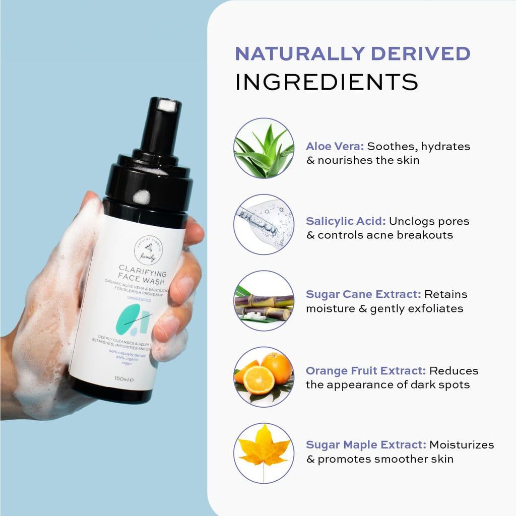 The Natural and Organic Family Clarifying Face Wash with Salicylic Acid - Facial Cleanser for Oily, Normal, and Combination Skin - Exfoliating, Pore Minimizing Formula for Teens