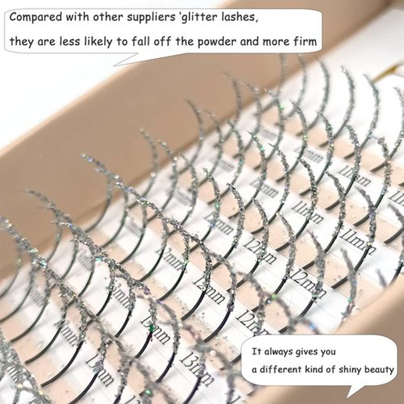 FQNing Silver Glitter Lash Extensions, Mutiple Length 11-16mm Faux Mink Individual Lash Spikes, Long lasting120pcs for Daily, Party, Wedding, Festival (Silver)