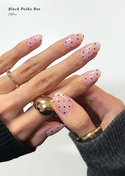 AutyaMee Semi Cured Gel Nail Strips (Black Polka Dot), Bare Pink, 20 Pcs Gel Nail Wraps, Stickers, Long Lasting, Works With Any UV Lamps