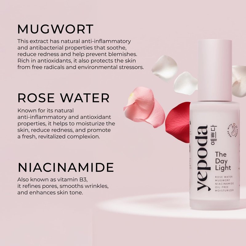 Yepoda The Day Light, Oil-Free Purifying Day Moisturizer with Rose Water, Mugwort & Niacinamide, Hydrating Vegan Korean Facial Moisturizer for All Skin Types, 1.69 FL. OZ. (50 ml)