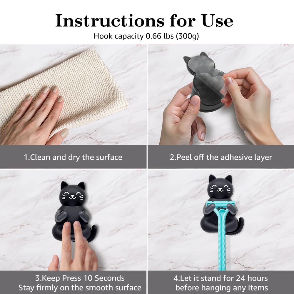 Mhfpl Cute Black Cat Silicone Razor Holder for Shower Adhesive Sticky Heavy Duty Waterproof Wall Hooks, Black Cat Razor Hooks for Bathroom Inside Shower Wall Hanging Loofah Towel