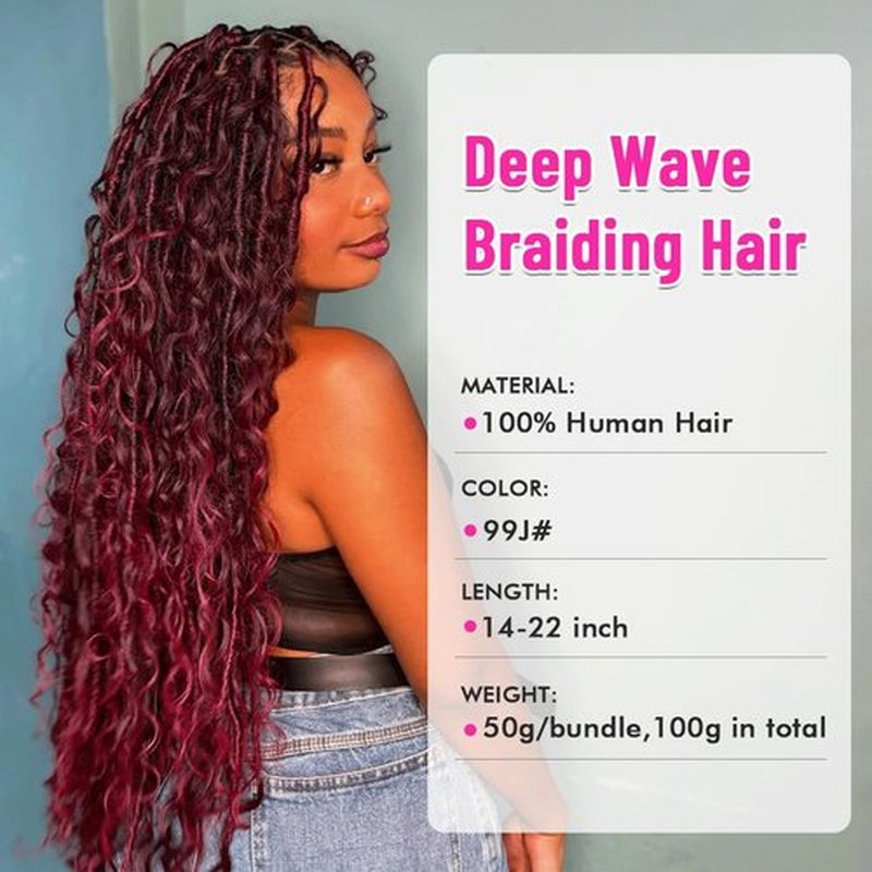 99J Burgundy Human Braiding Hair Deep Wave Boho Braids Human Hair Wet and Wave Bohemian Ginger Curly Knotless Braiding Hair Extension 2 Bundles 105g