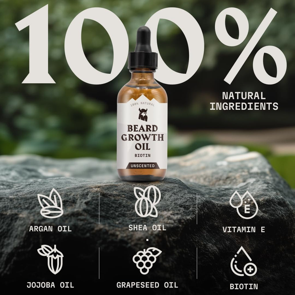 Striking Viking Beard Growth Oil with Biotin - 2 Fl Oz, Unscented - Thickening, Conditioning Biotin Beard Growth Serum for Men with Argan & Jojoba Oil - Facial Hair Serum for Men