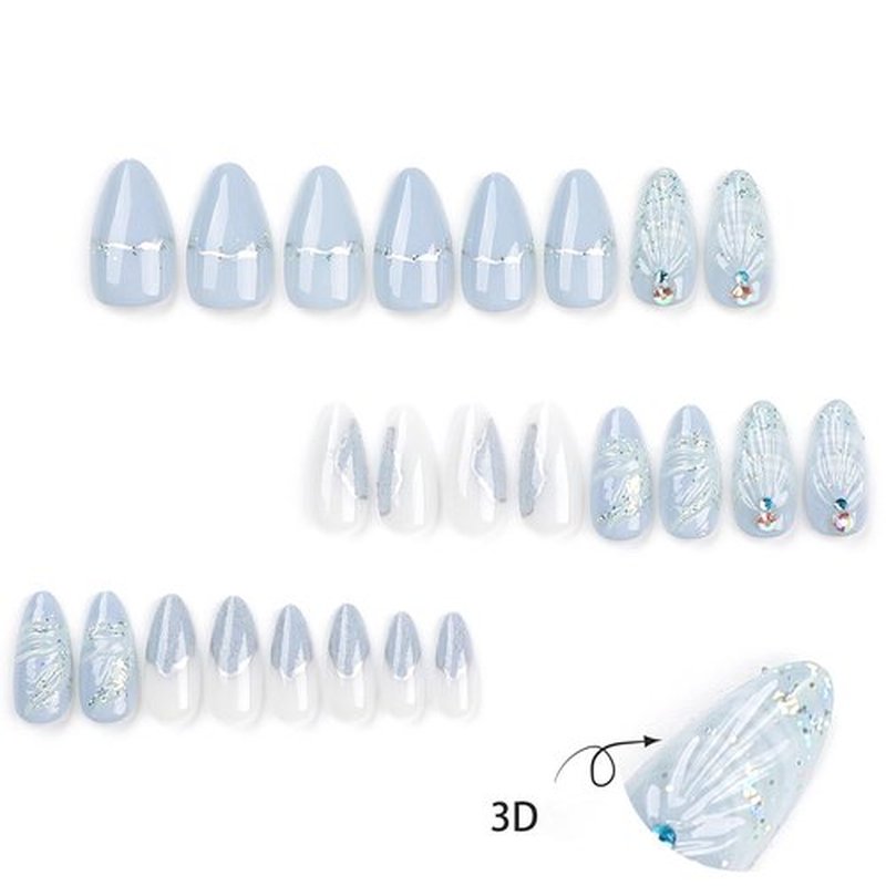KKUUOO Medium Almond Blue Press-on Nails - Shell Design Rhinestones, French False Nails, Glossy Acrylic Finish, Stick-on, 12 Sizes, 24 Pieces