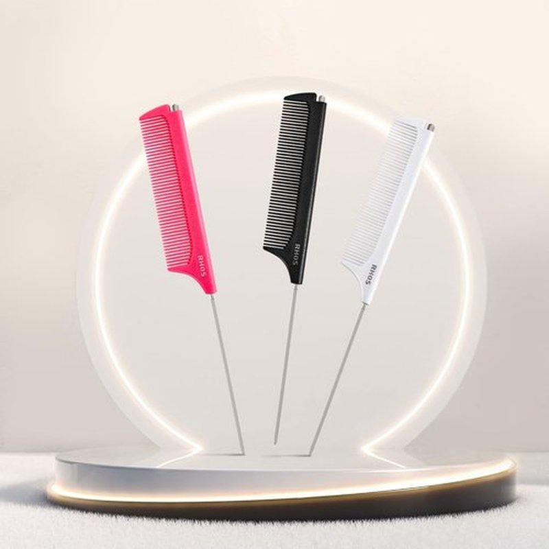 RHOS Carbon Retractable Rat Tail Parting Comb - Portable Fine Tooth Teasing Comb for Styling, Hair Cutting, Braiding with Stainless Steel Pin Tail - White