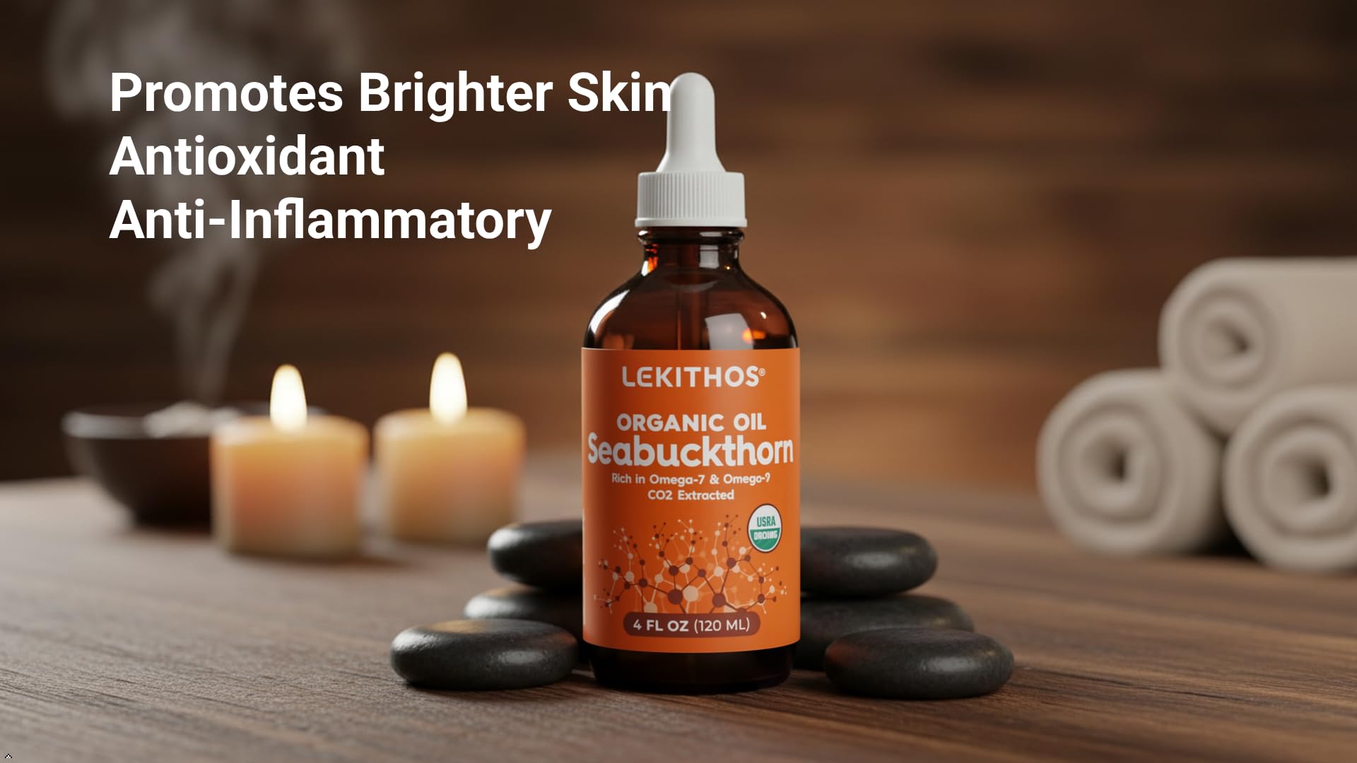 Lekithos Organic Sea Buckthorn Oil | 4 FL OZ (120 ML) | CO2 Extract | Premium Omega 3-6-9 Complex | Skin Barrier Support | Promotes Cell Membrane | Dropper in Glass Bottle | Made In Germany
