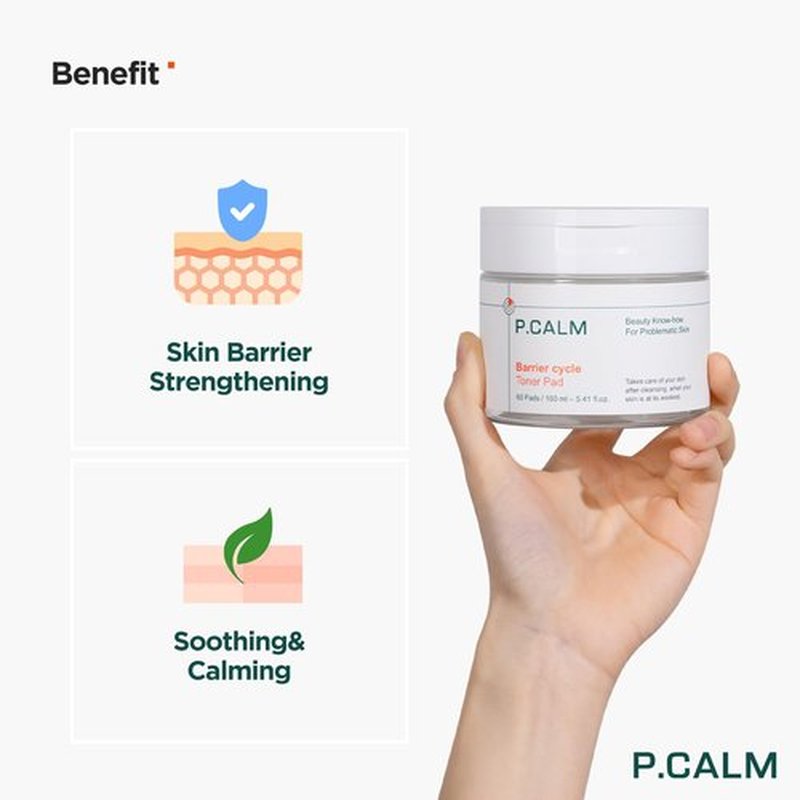 P.CALM Barrier Cycle Toner Pad Refill Pack – 120 Pads (60 + 60) with Centella Asiatica & Papaya Extract for Soothing, Moisturizing & Exfoliating, Korean Vegan Facial Toners Pads for Sensitive Skin
