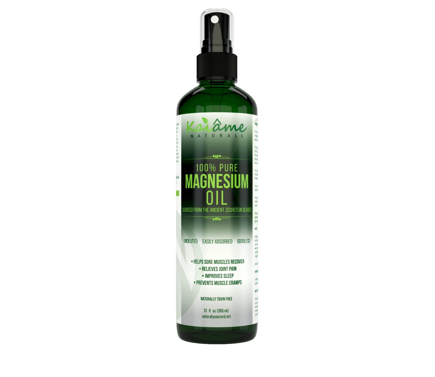 Kaiame Naturals Magnesium Oil Spray, Large 12 oz, Undiluted, Pure and Organic, Sourced from Ancient Zechstein Seabed