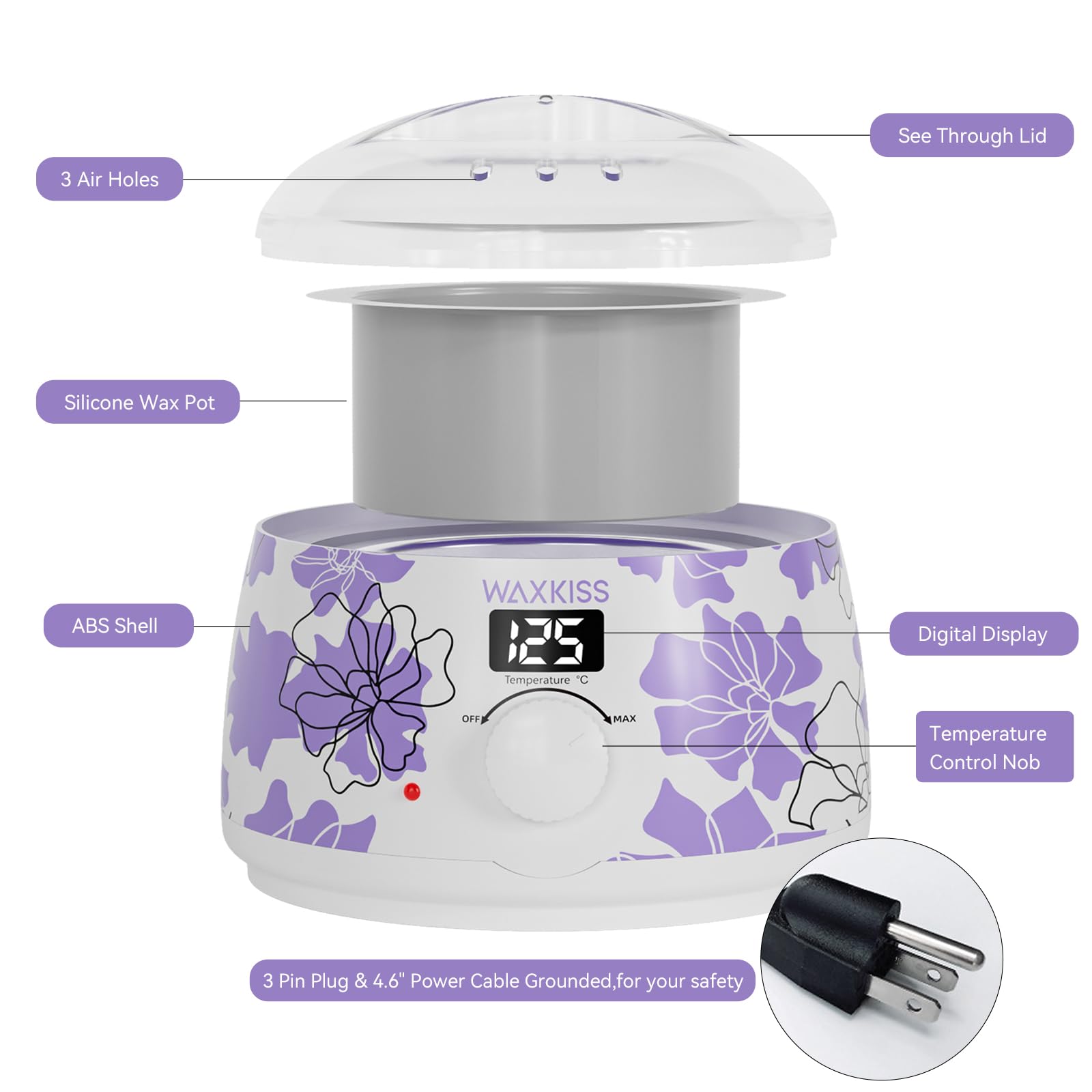 Waxkiss Digital Wax Warmer, White with Purple Floral Prints, 14oz Non-Stick Silicone Pot Hair Removal Heater, Adjustable Temperature with See-Through Lid for Women Men
