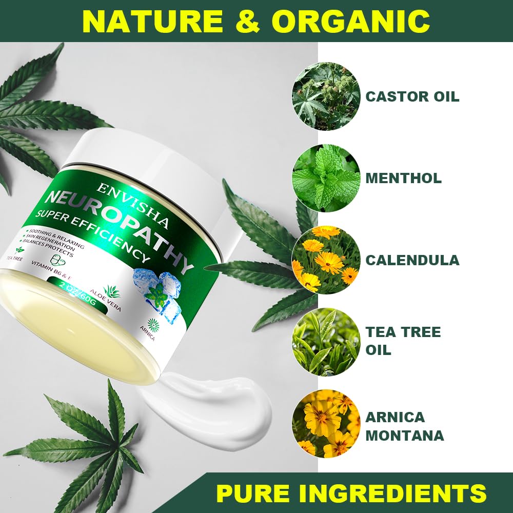 ENVISHA Neuropathy Cream with Menthol, Arnica, Aloe Vera, Emu, Vitamin B6, Extra Strength for Feet, Hands, Legs, 2oz