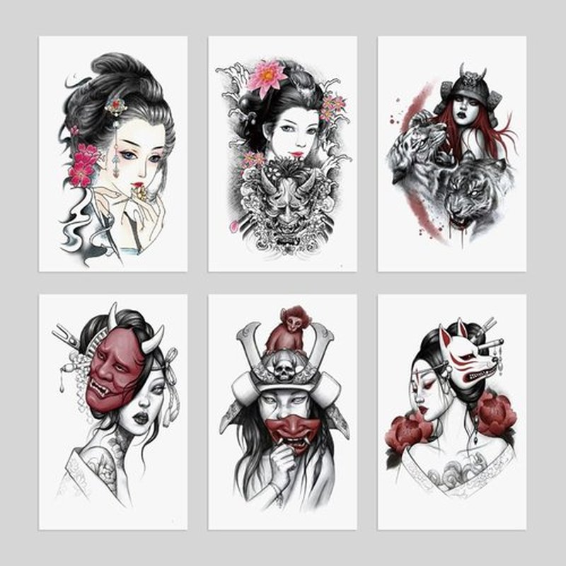 Oottati 6 Sheets Arm Fake Waterproof Body Art Temporary Tattoos Stickers Japanese Geisha Samurai Women Tiger Prajna Dark Red Blood