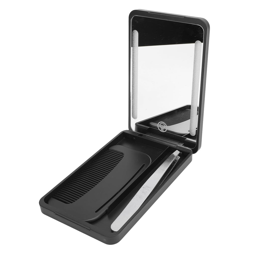 Yechiry LED Lighted Pocket Mirror, Rechargeable Compact Makeup Mirrorwith Travel Comb, Metal Eyebrow Tweezer & Smart Fill Light for Travel (Black)