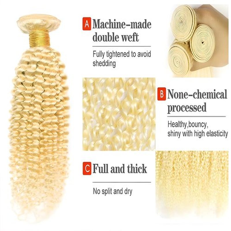 LOIUMGUU Blonde Kinky Curly Human Hair Bundles 613 Kinky Curly Bundles Unprocessed Brazilian Virgin Remy Sew-In Hair Weave 12 14 16 Inch Real Blonde Kinky Curly Hair Weave Soft & Silky Full &Thick
