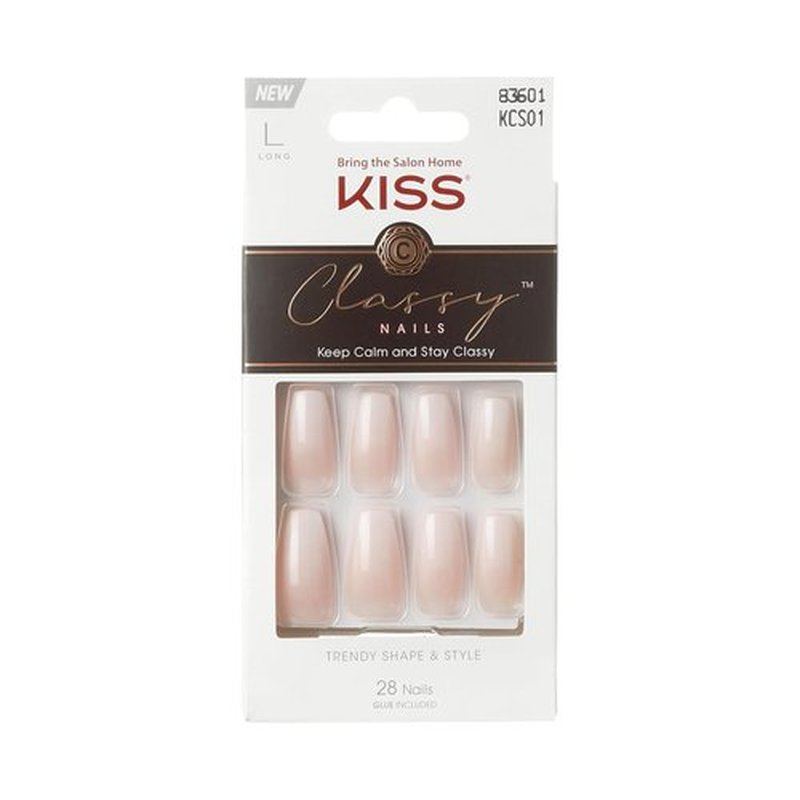 KISS Classy French Nail Manicure Kit - Coffin Shaped, Gel Finish, 28 Fake Nails & Accessories
