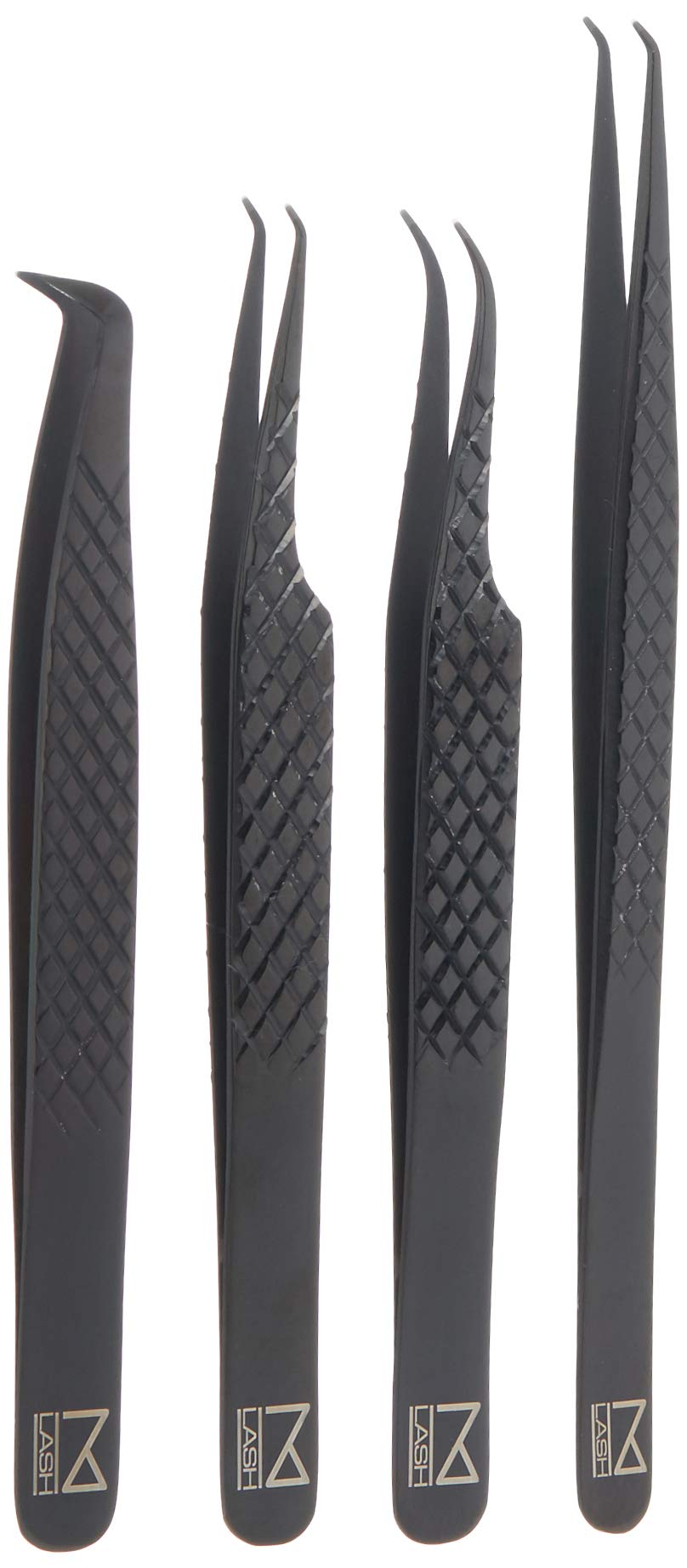 M LASH Tweezers for Eyelash Extensions (Set of 4) - Professional Lash Extension Tweezers - Fiber Tip, Japanese Steel, Diamond Grip Eyelash Extension Tweezer (Black)