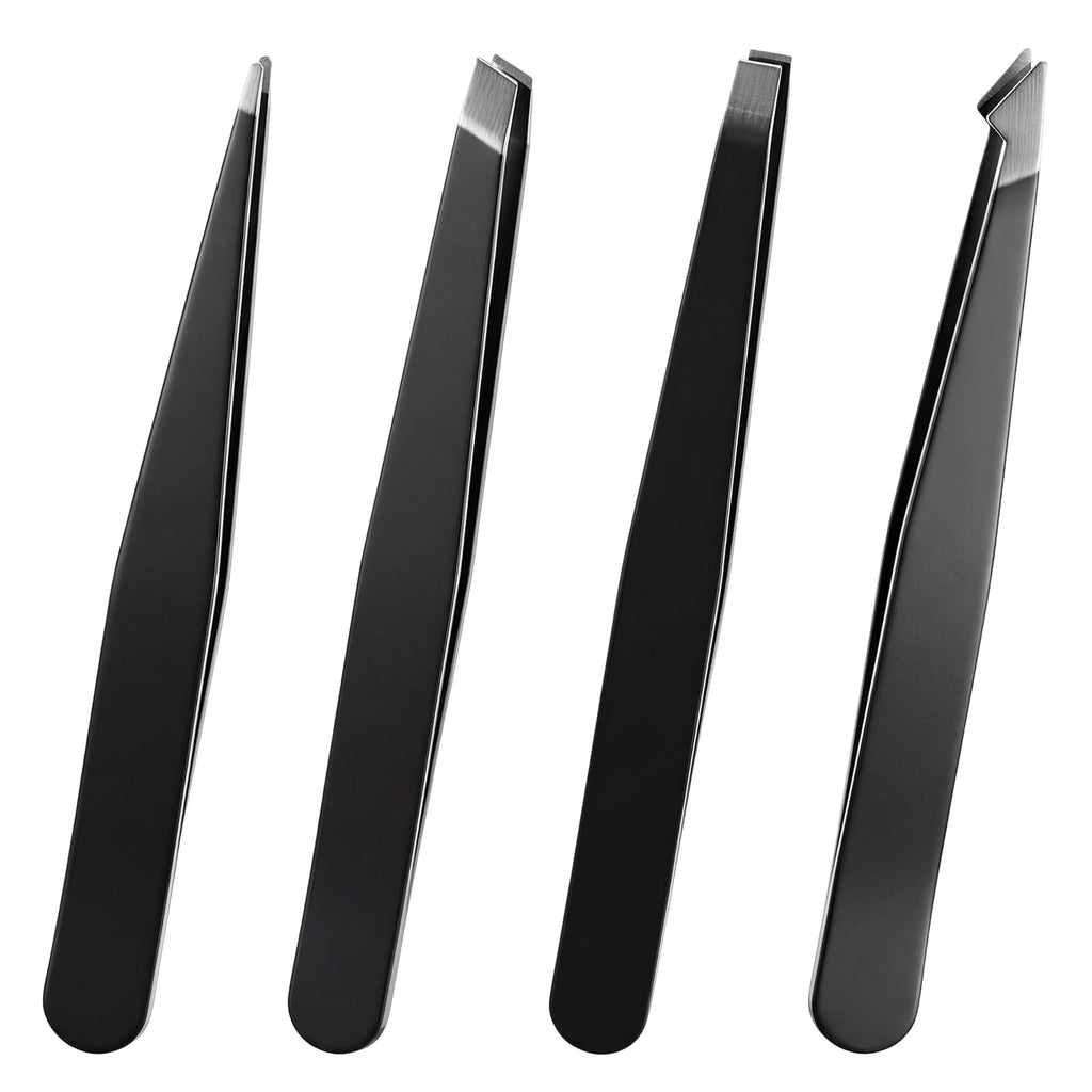 4 Pack Tweezers for Eyebrows, Stainless Steel Pointed Tip Ingrown Hair Removal Tweezers Black Precision Tweezer Set for Women Men Precision for Eyebrows Facial Ingrown Hair and Splinter Removal