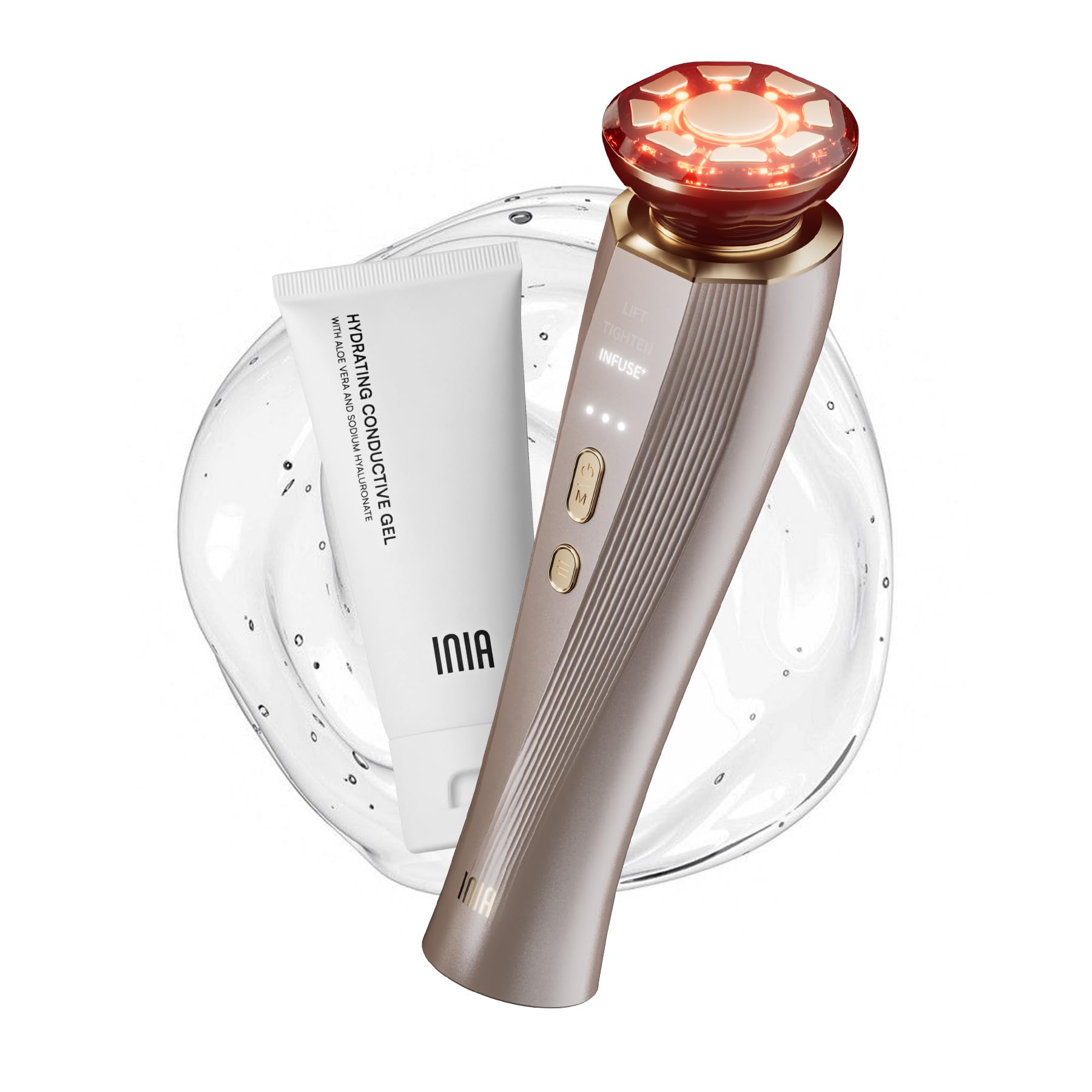 INIA Flare 3-in-1 Microcurrent Facial Device Red Light Therapy for Face and Neck Massager Tool with Heat & Vibration for Skincare Puffiness, Firming, Smoothing