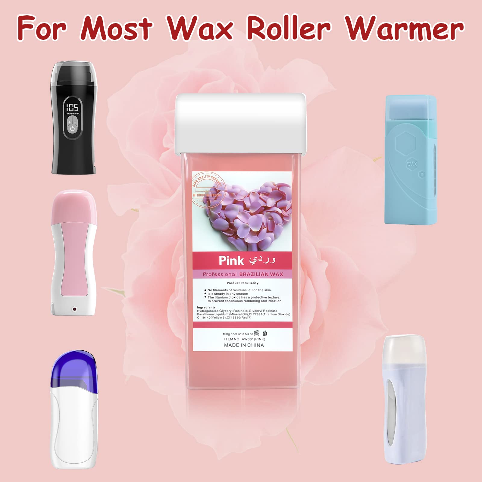 Seopri Roll On Wax, Hair Removal Wax Cartridges with Strips 50Pcs and Wax Wipes 16Pcs, Depilatory Wax Roller Refill 4 Pack, Waxing Kit for Leg, Arm, Underarm