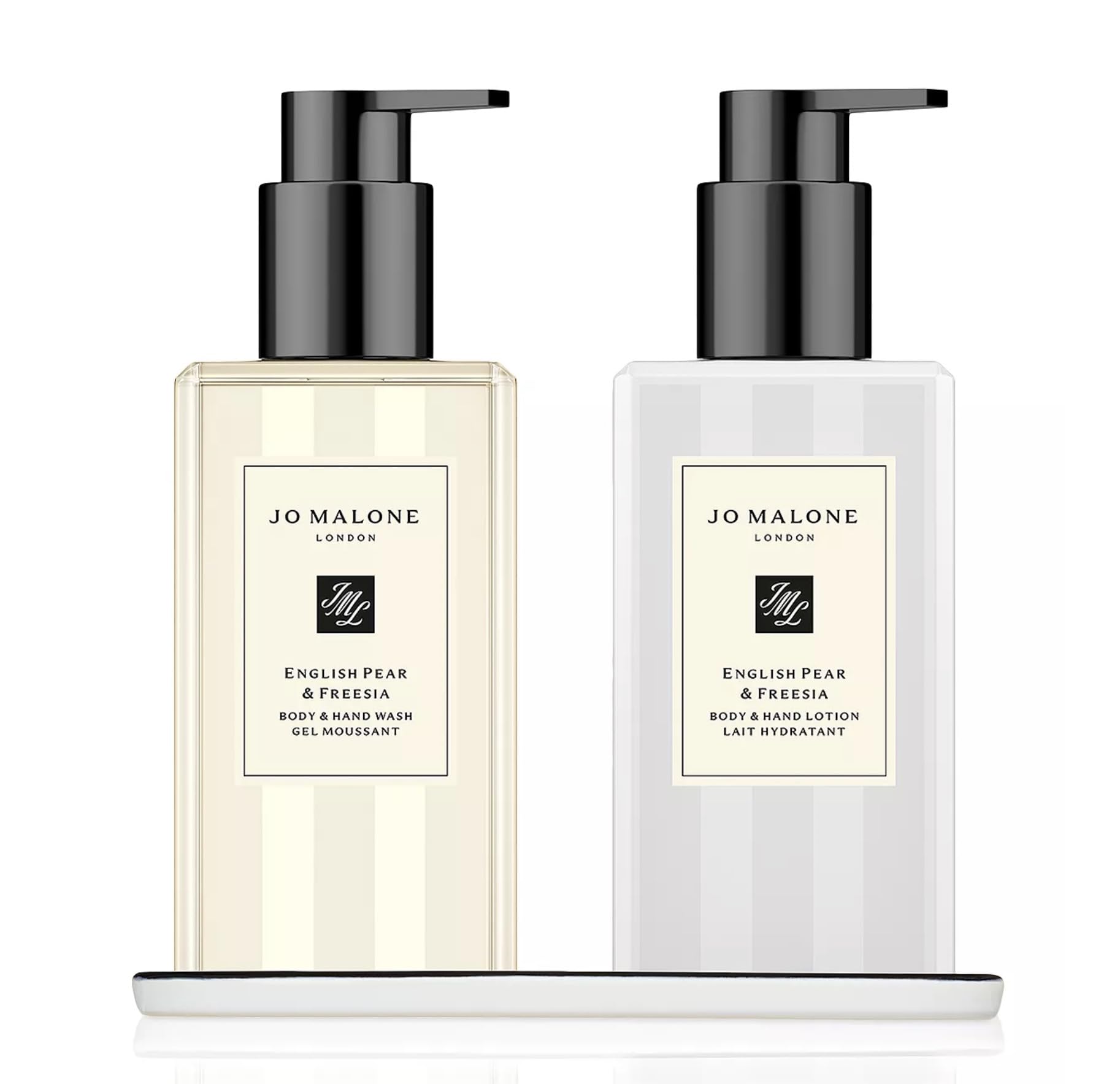 Jo Malone London English Pear & Freesia Bath & Body Collection - Body & Hand Wash (250ml), Body & Hand Lotion (250ml.) and Ceramic display tray.