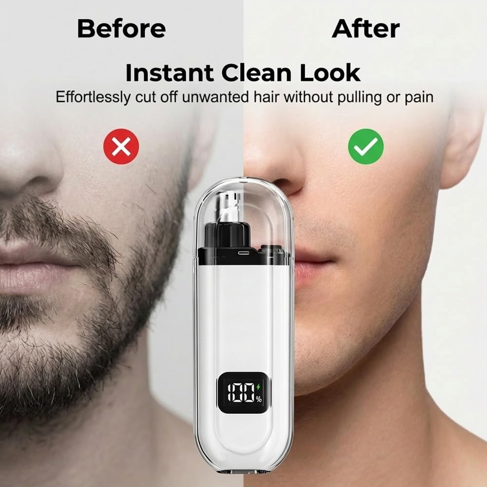 PolishWiz 3-in-1 Nose Hair Trimmer for Men & Women, Rechargeable Nose & Ear Hair Trimmer with Eyebrow Head, Type-C Charging, IPX7 Waterproof Electric Nose Trimmer (White)