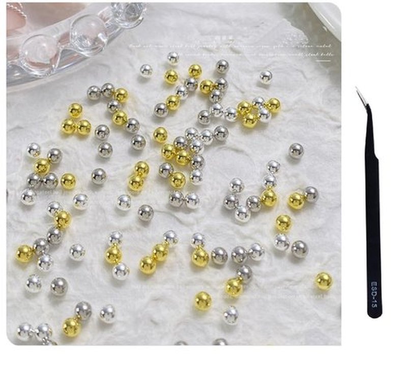 CYBERNOVA 8Packs 3D Nail Art Steel Balls Mini Beads Gold Silver Nail Charm 0.6mm-3.0mm Metal Steel Beads for Women DIY Nail Art Accessories with Tweezers (Gold)