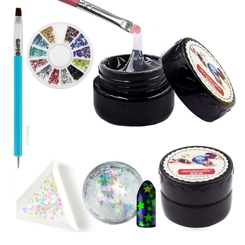 YesLady Nail Art Rhinestone Builder Glue Kit Super Adhesive Nail Gel for Gems & Jewelry Diamond Beads (UV/LED Lamp Cure Needed) with Brush &Sequin
