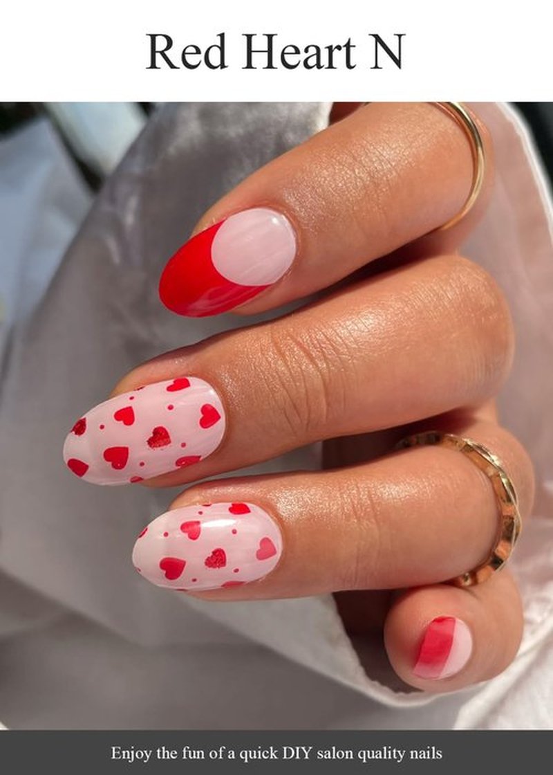 AutyaMee Semi Cured Gel Nail Strips (Red Heart N), Valentine's Day French, 20 Pcs Gel Nail Wraps, Stickers, Works with Any UV Lamps