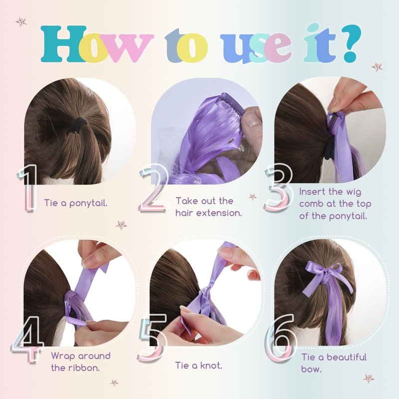 Z-CHARMMY Rainbow Color Hair Extensions for Kids, Crazy Hair Accessories for Girls, Tie-in Curly Ponytail Extensions with Ribbon Bow, 5 Colors, 10 Pieces