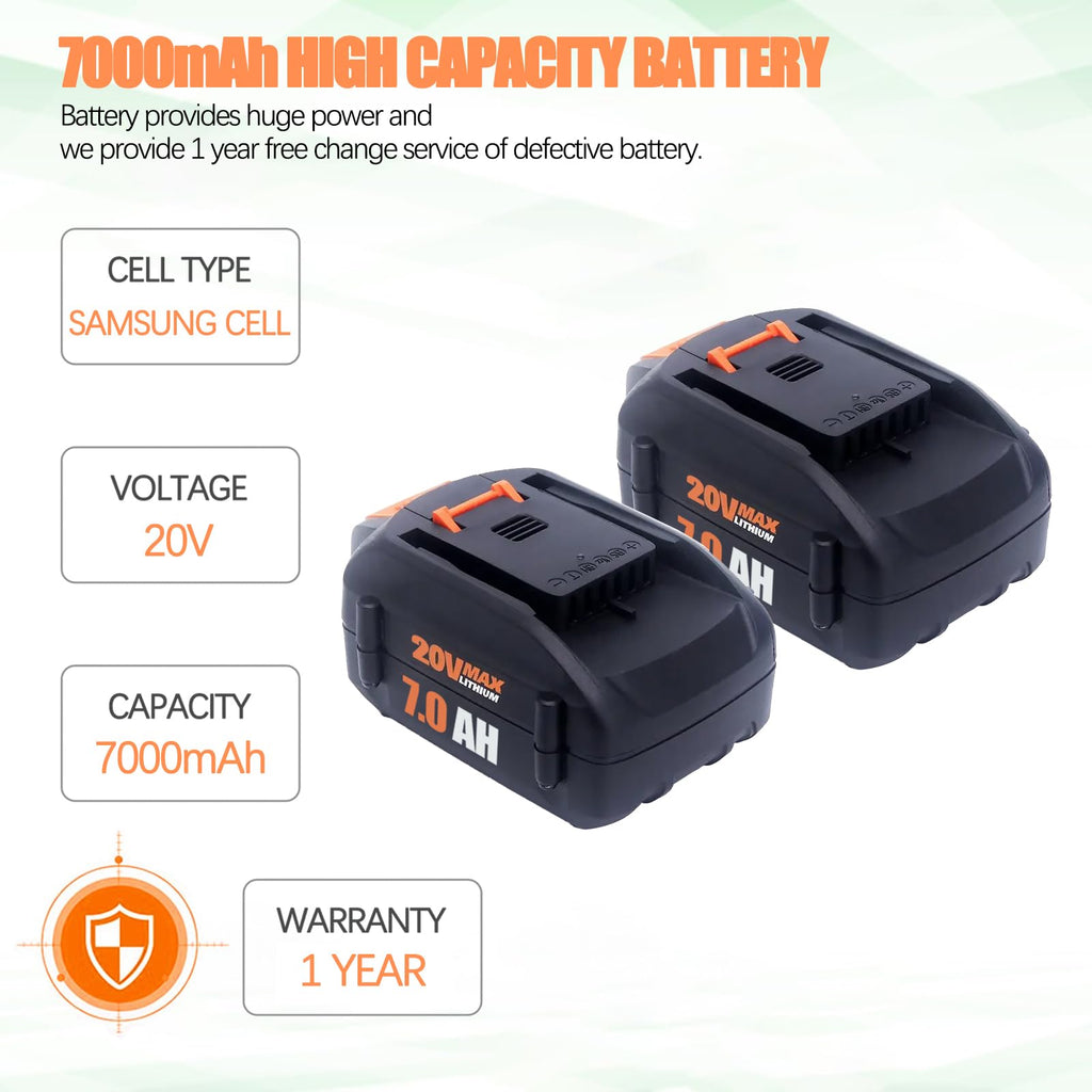 Upgraded 7000mAh 2Pack 20V Battery Compatible for Worx Battery 20V PowerShare WA3674 WA3678 WA3669 WA3575 WA3525 WA3520 WA3577 WA3578 WG151s WG155s WG251s