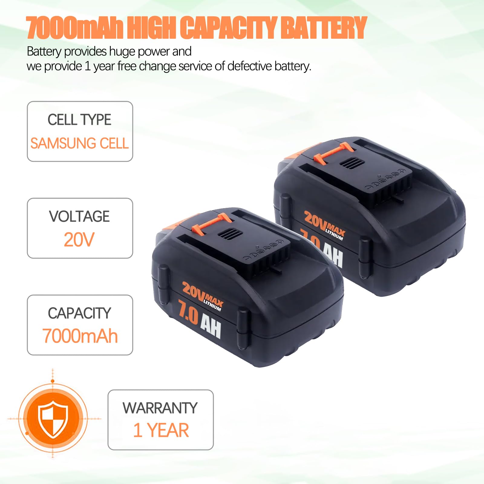 Upgraded 7000mAh 2Pack 20V Battery Compatible for Worx Battery 20V PowerShare WA3674 WA3678 WA3669 WA3575 WA3525 WA3520 WA3577 WA3578 WG151s WG155s WG251s
