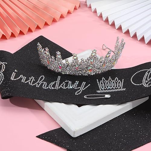 "Birthday Queen Birthday Glitter Sash Black with White Rhinestone Text for Women Girls Birthday Party Outfits Accessories (Black, Large)