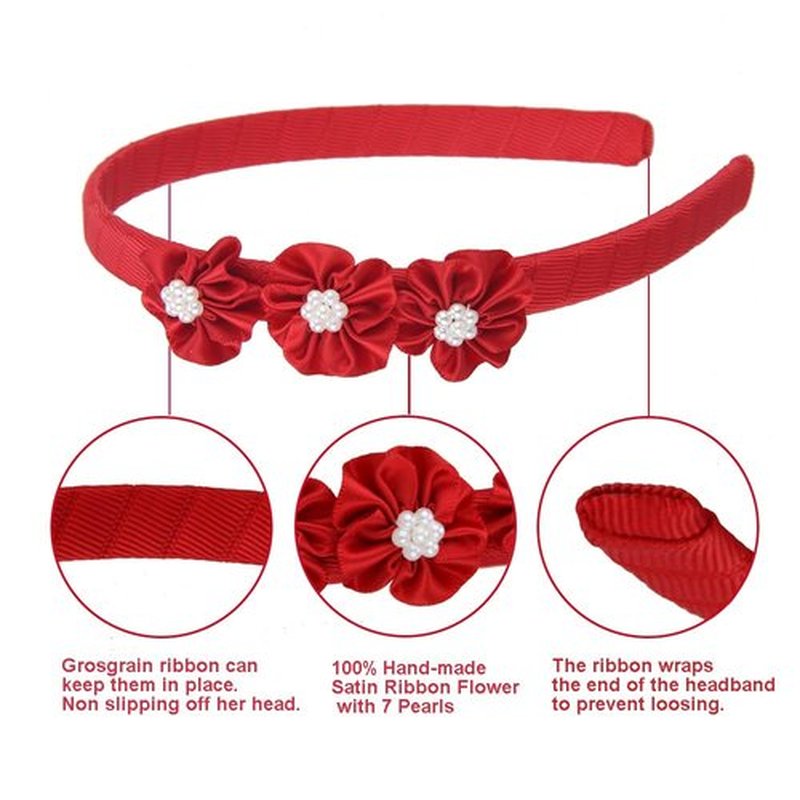 7Rainbows Boutique Triple Satin Flowers with 7 Faux Pearls White Headbands for Girls Toddlers Teens and Even Adults.