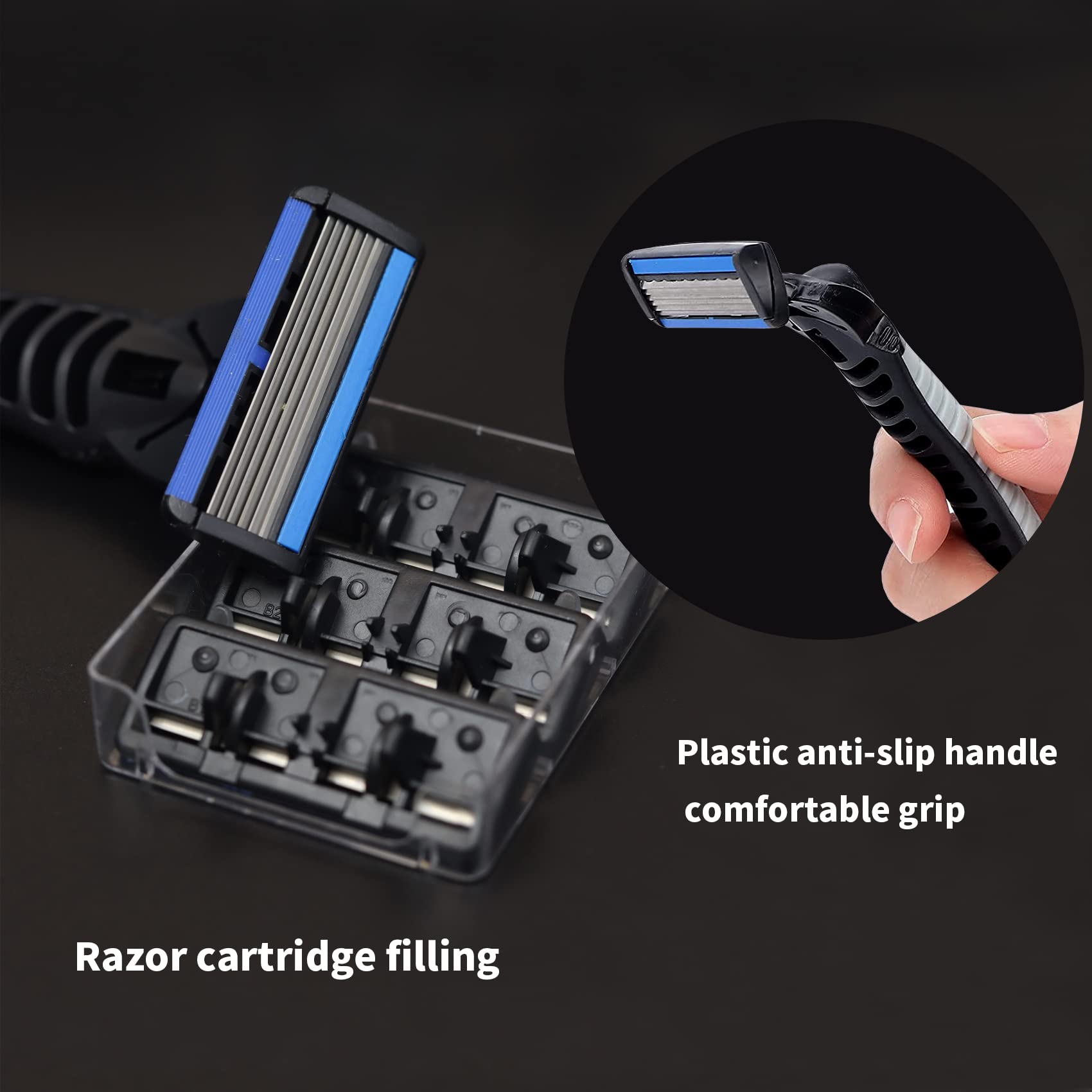 6-Blade Razor,Plastic Anti-slip Men Manual Refill Cartridges razors, Reusable Face Cleansing Care Tool, 24 pcs refill cartridges, Shave Supplies for Men and Women - Black