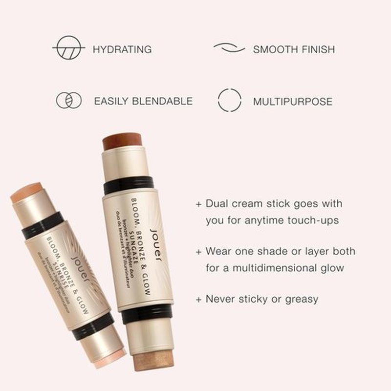 Jouer Bloom Bronze & Glow Bronzer + Highlighter Stick | Hydrating Cream Contour with Rose Hip Oil, Sungaze