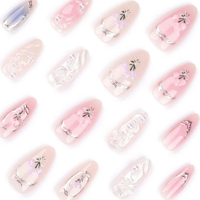Rilafuvu Short Press-on Nails - Almond, Pearl, 3D Butterfly & Wave Acrylic, Floral Nail Art, Nude, 24pcs