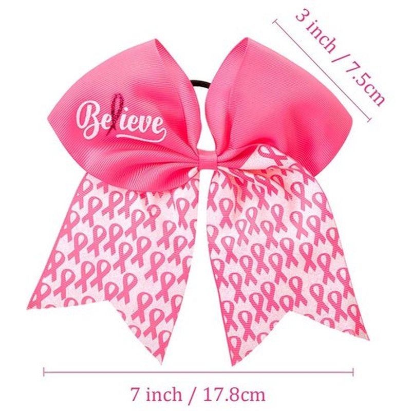 20 Pieces 7 Inch Breast Cancer Awareness Cheer Bows Pink Ribbon Hair Band Elastic Scrunchies Cheerleading with Hair Band Hair Accessories for Teens Women (Believe）